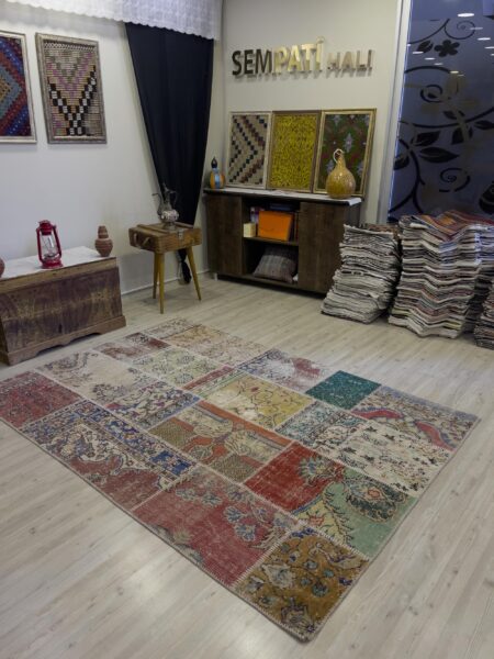 Vintage-Style Handwoven Patchwork Rug, vintage rug, Handmade, hand-knotted wool, cotton & silk, size 162 × 232 cm, from Ladik
