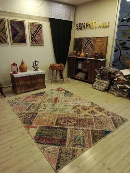 Vintage Hand-Woven Wool Patchwork Rug, vintage rug, Handmade, hand-knotted cotton, size 160 × 221 cm, from Sivas