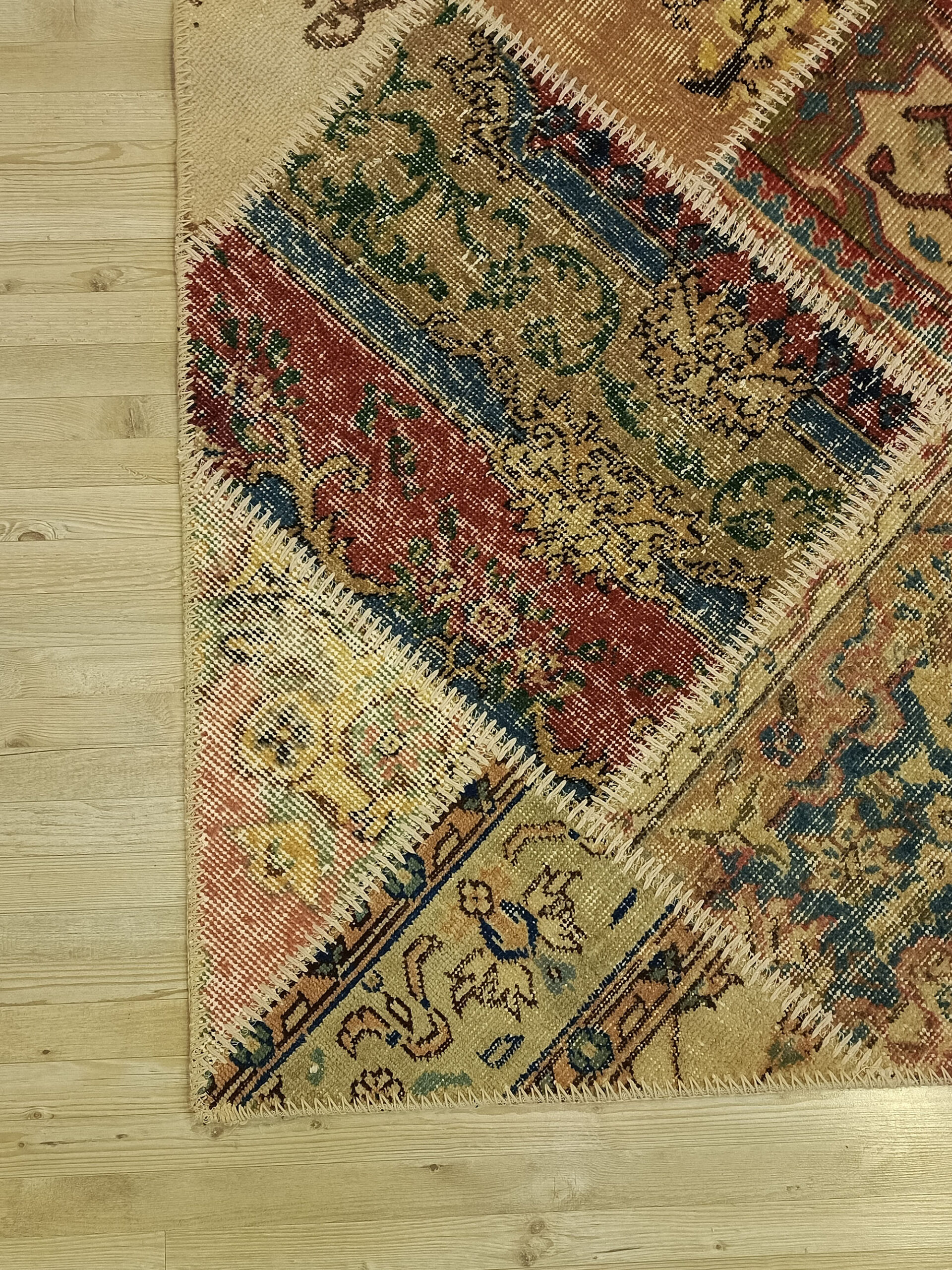 Vintage Hand-Woven Wool Patchwork Rug — detail view 4, handmade vintage rug