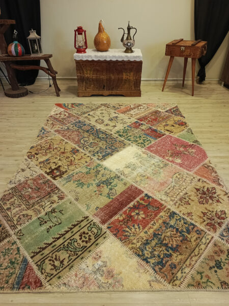 Century-Old Antique-Style Patchwork Rug, vintage rug, Handmade, hand-knotted wool, size 160 × 228 cm, from Cappadocia