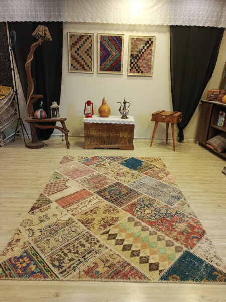 Handmade Distressed Patchwork Rug, vintage rug, Handmade, hand-knotted wool, cotton & silk, size 160 × 230 cm, from Kayseri
