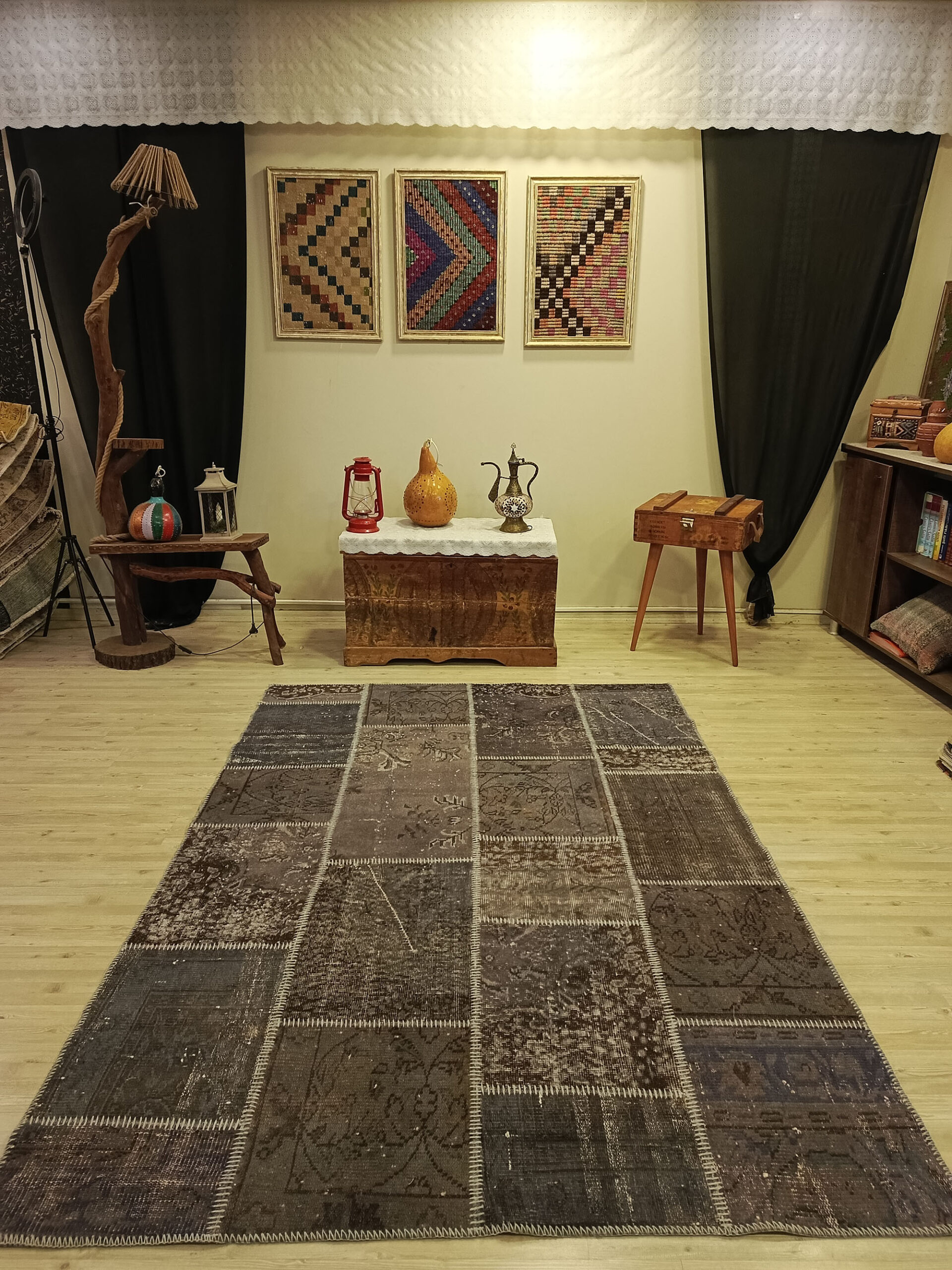 Handmade Vintage-Style Wool Patchwork Rug — detail view 3, handmade vintage rug