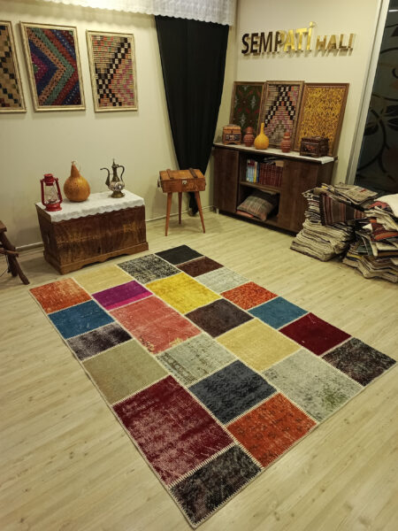 Handwoven Patchwork Rug, Handmade rug, wool, cotton & silk wool/weave, size 160 × 230 cm, from Sivas, SKU 6397