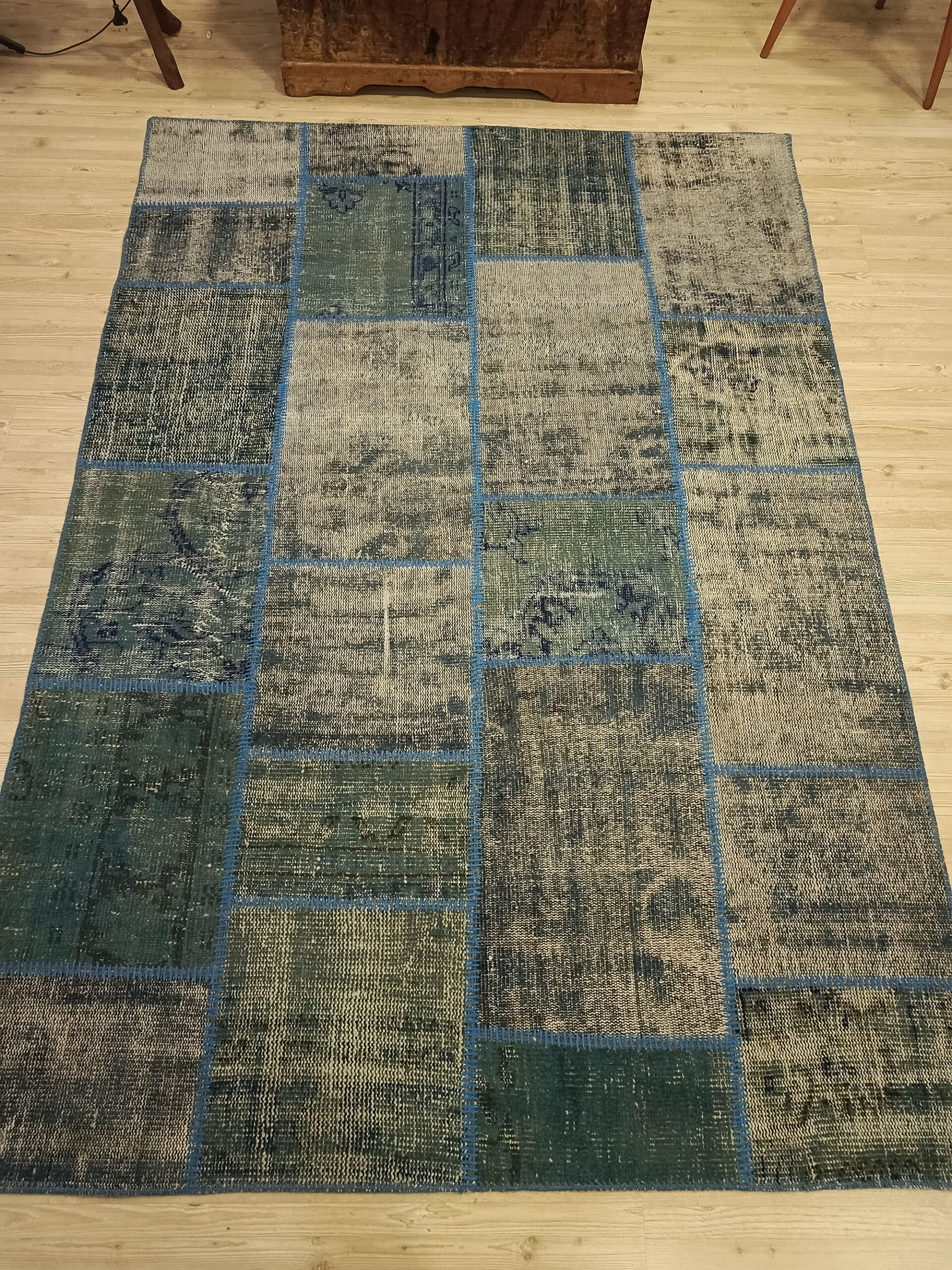 Anatolian-Patterned Distressed Patchwork Rug — detail view 3, handmade vintage rug