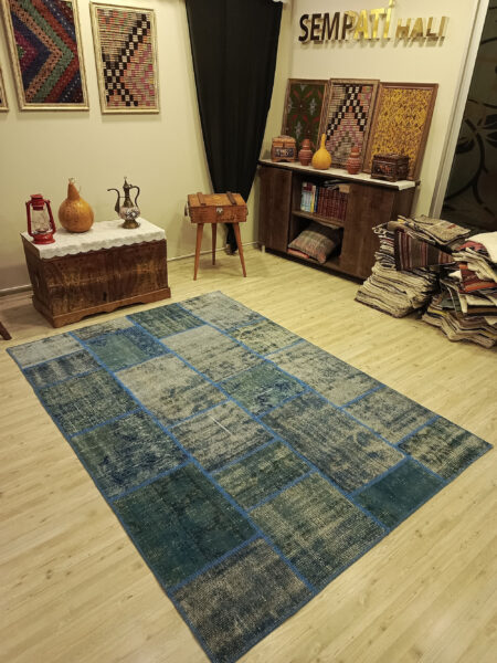 Anatolian-Patterned Distressed Patchwork Rug, vintage rug, Handmade, hand-knotted silk, size 160 × 230 cm, from Anatolia