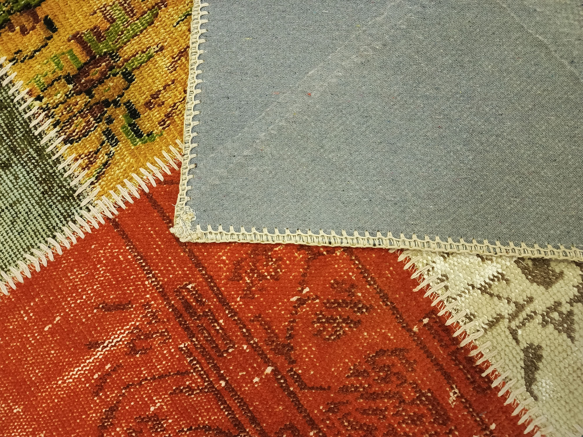 Vintage Hand-Woven Wool Patchwork Rug — detail view 3, handmade vintage rug