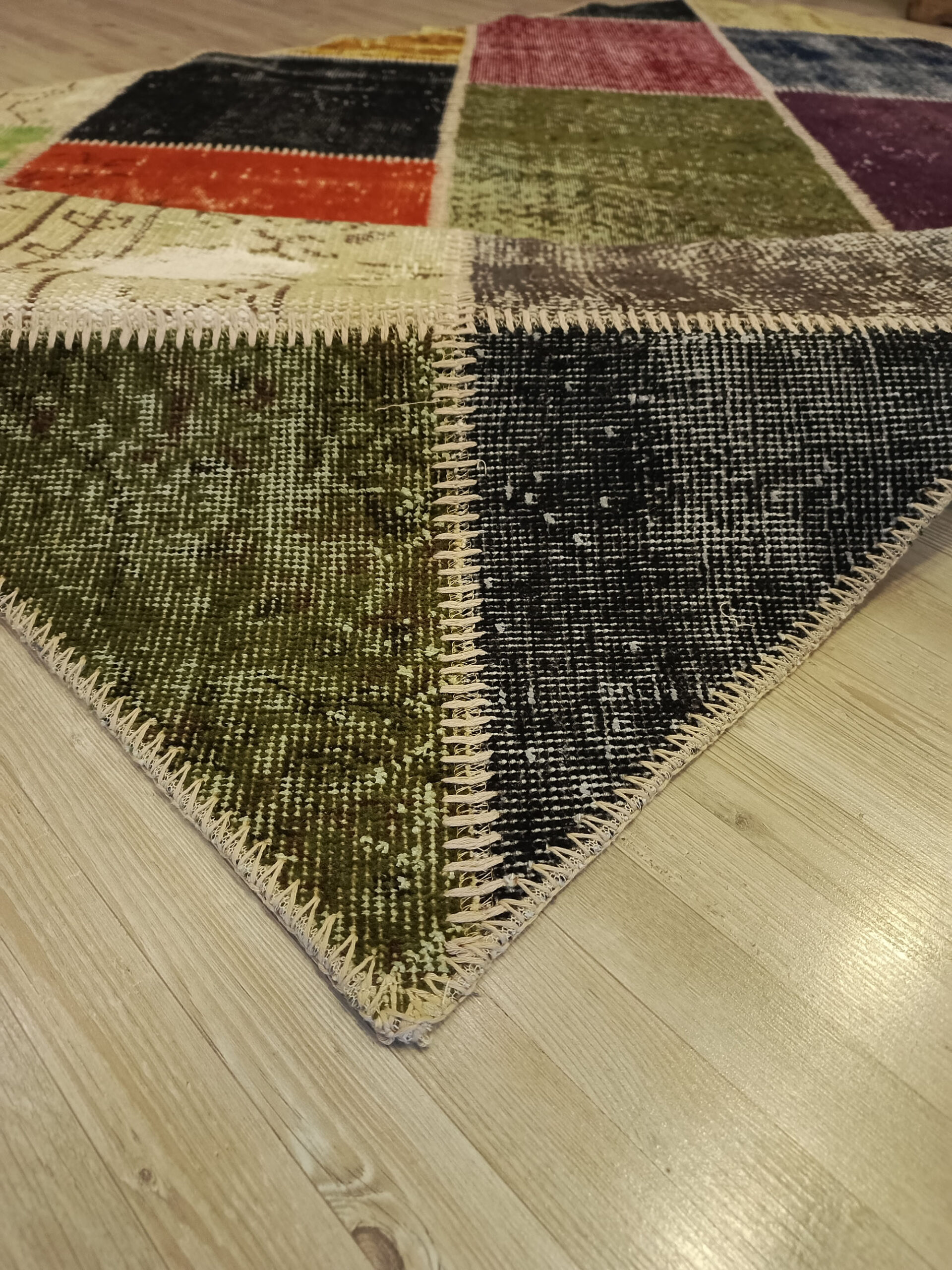 Vintage Hand-Woven Wool Patchwork Rug — detail view 4, handmade vintage rug