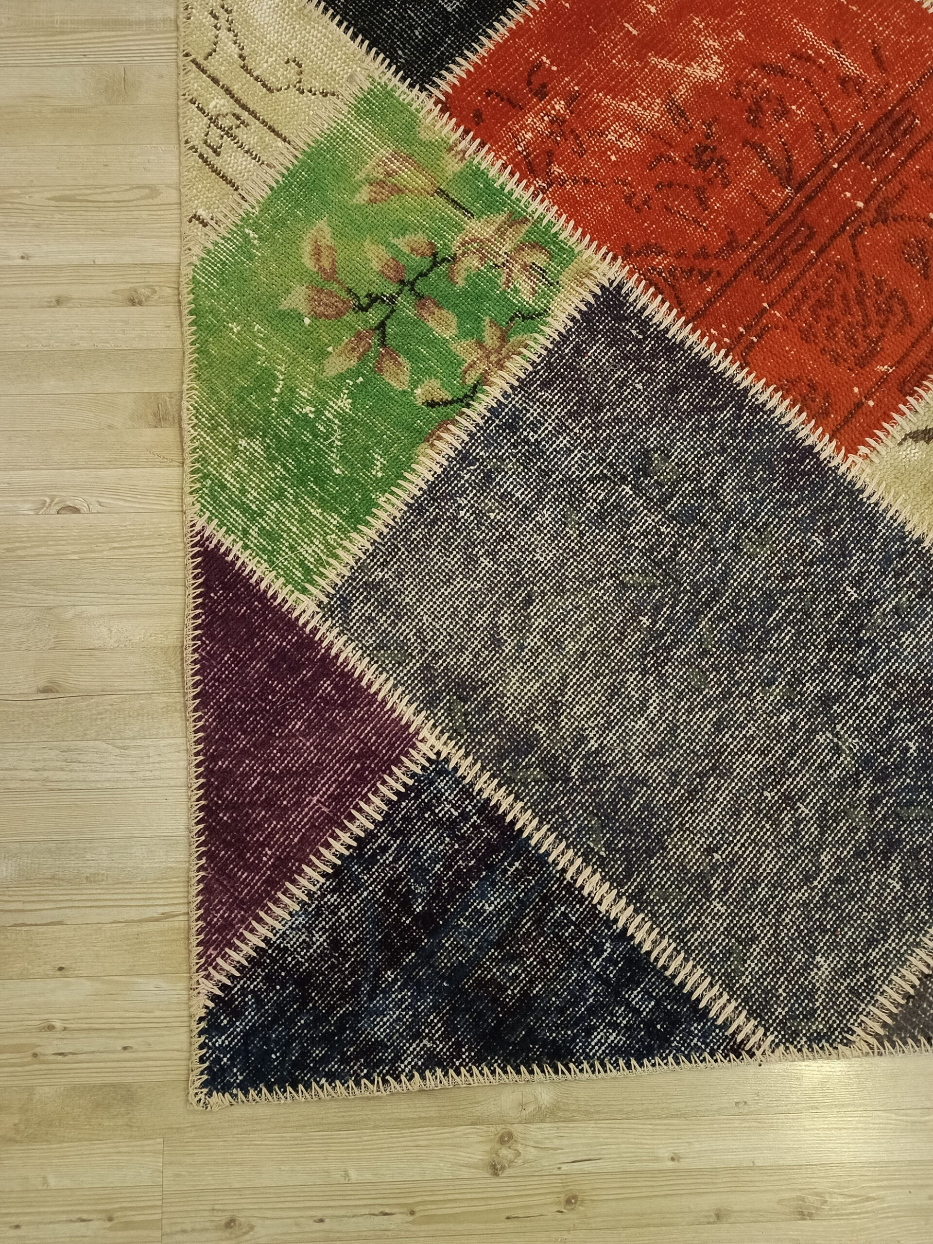 Vintage Hand-Woven Wool Patchwork Rug — detail view 5, handmade vintage rug