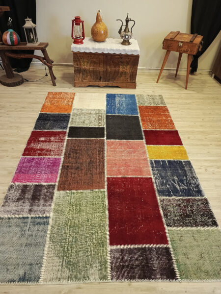 Vintage-Style Wool Patchwork Rug, vintage rug, Handmade, hand-knotted cotton, size 160 × 230 cm, from Konya