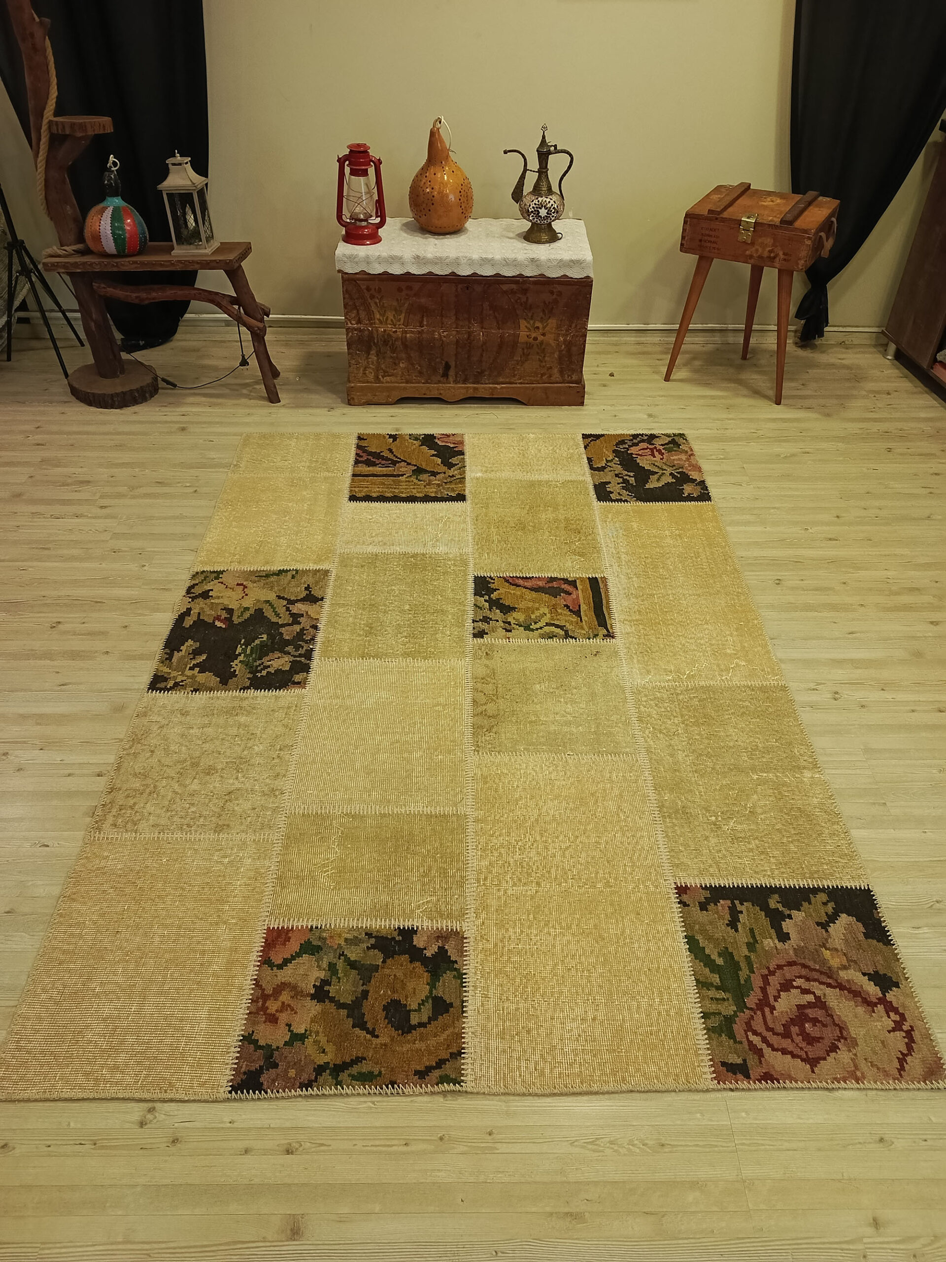 Anatolian-Patterned Distressed Patchwork Rug — detail view 5, handmade vintage rug