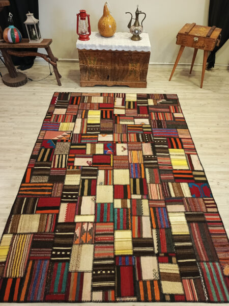 Handwoven Patchwork Rug Dye-dyed, Handmade rug, wool & silk wool/weave, size 160 × 230 cm, from Oushak, SKU 6505