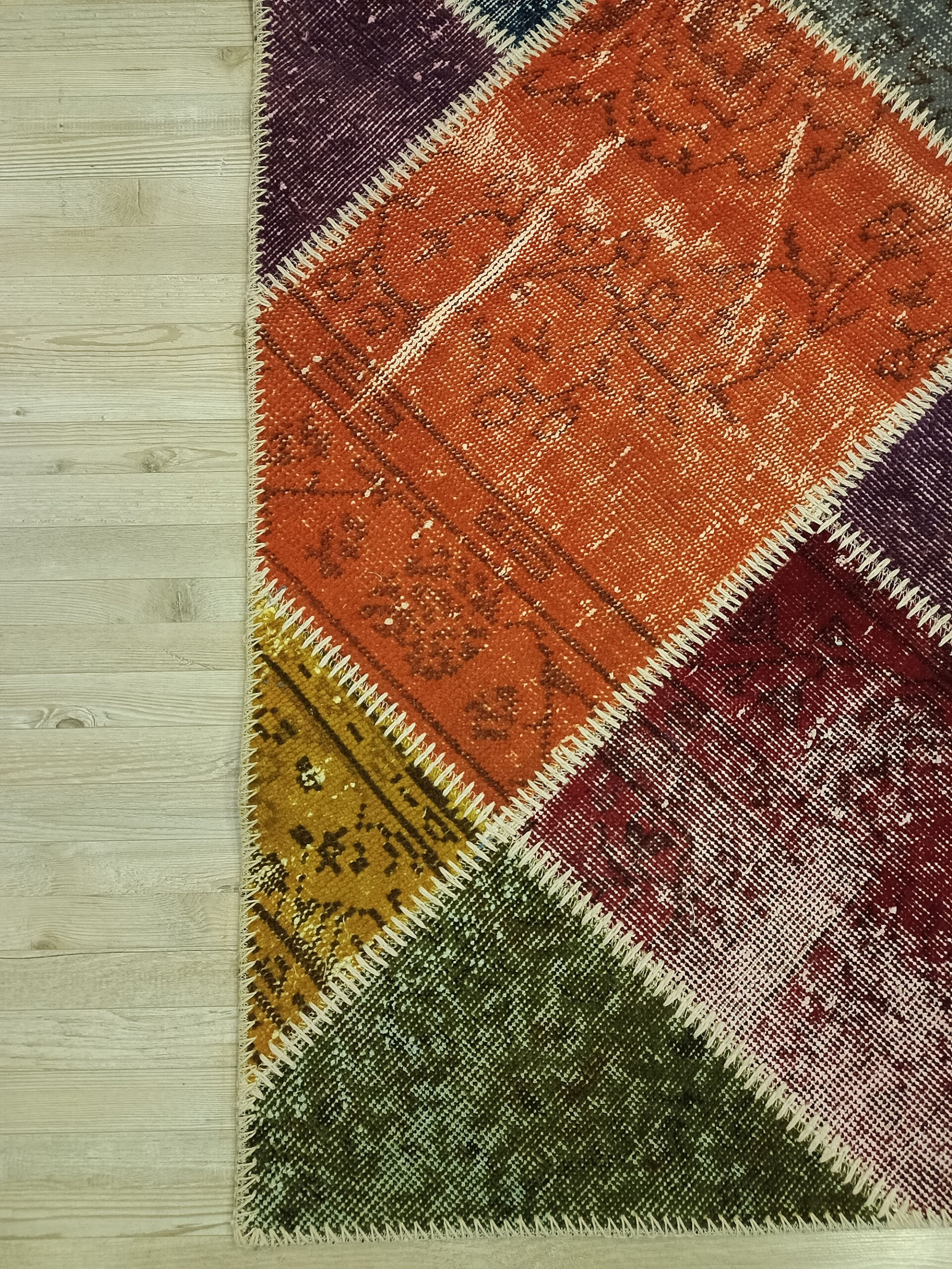 Anatolian-Patterned Distressed Patchwork Rug — detail view 5, handmade vintage rug