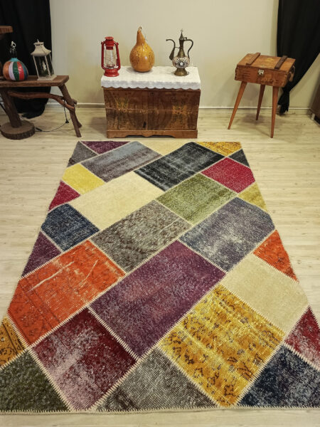 Anatolian-Patterned Distressed Patchwork Rug, Handmade rug, cotton wool/weave, size 160 × 230 cm, from Kars, SKU 6510