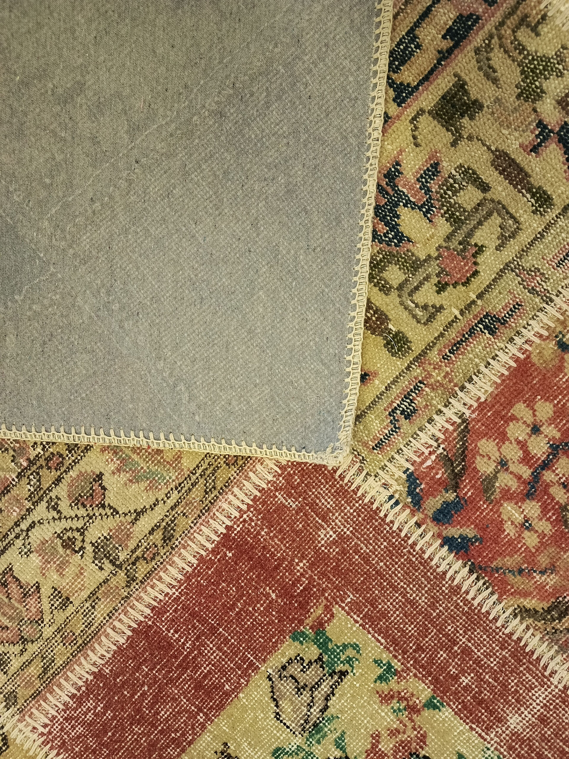 Handcrafted Distressed Patchwork Rug — detail view 2, handmade vintage rug