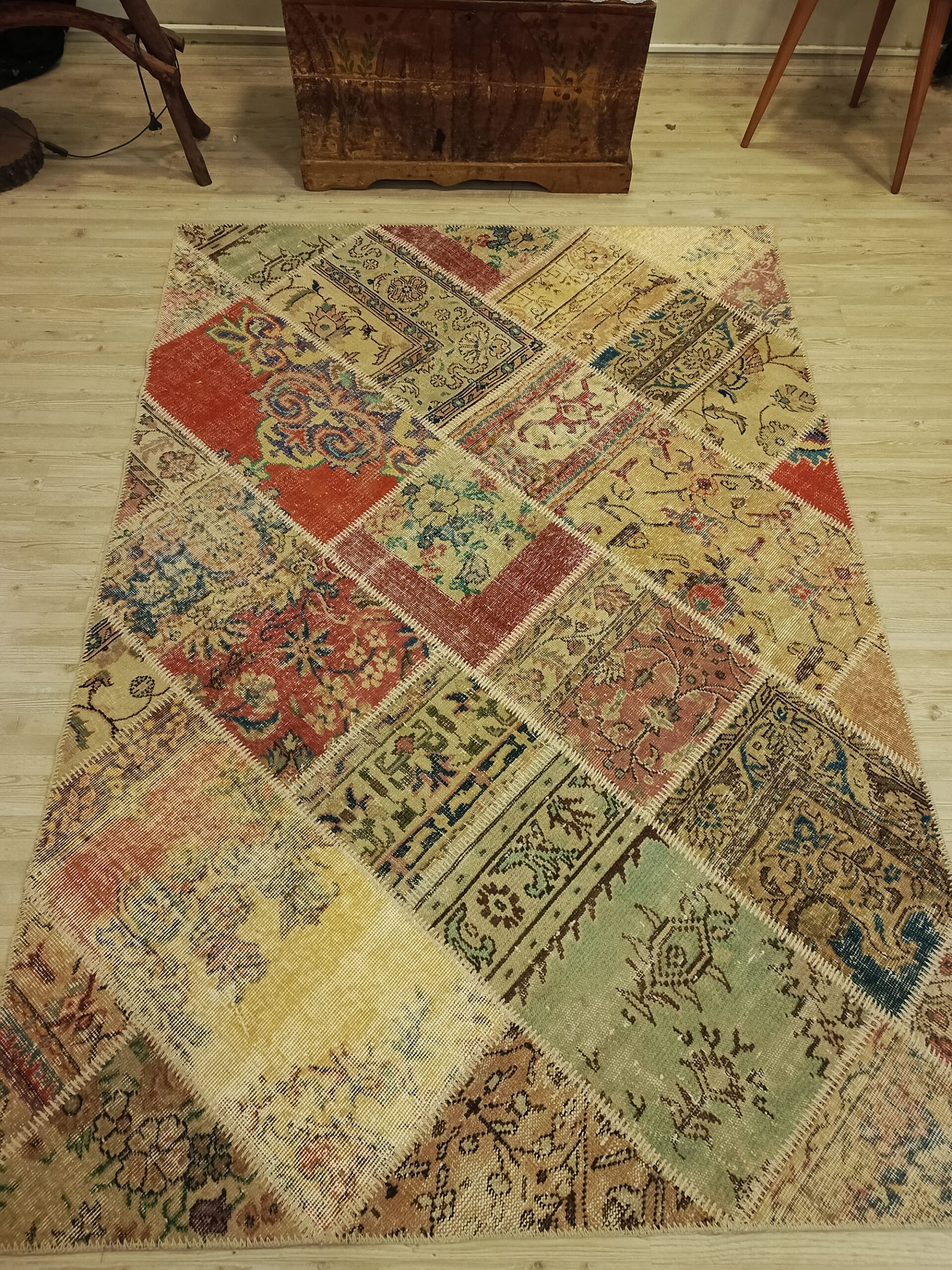 Handcrafted Distressed Patchwork Rug — detail view 5, handmade vintage rug