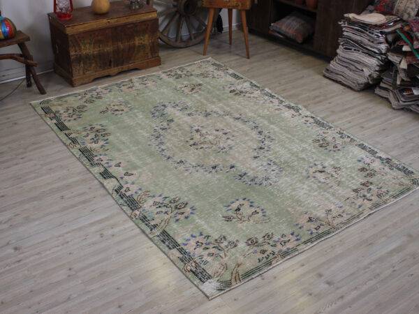 Distressed Vintage Hand-Knotted Rug, Handmade rug, wool, cotton & silk wool/weave, size 183 × 255 cm, from Isparta, SKU 10604