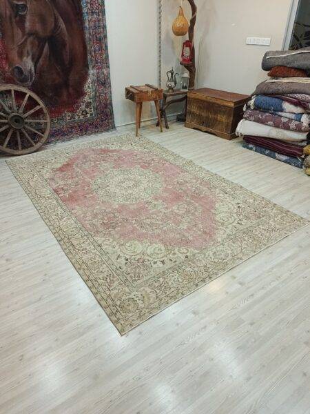Natural Wool Distressed Rug, Handmade rug, cotton wool/weave, size 190 × 302 cm, from Milas, SKU 10825