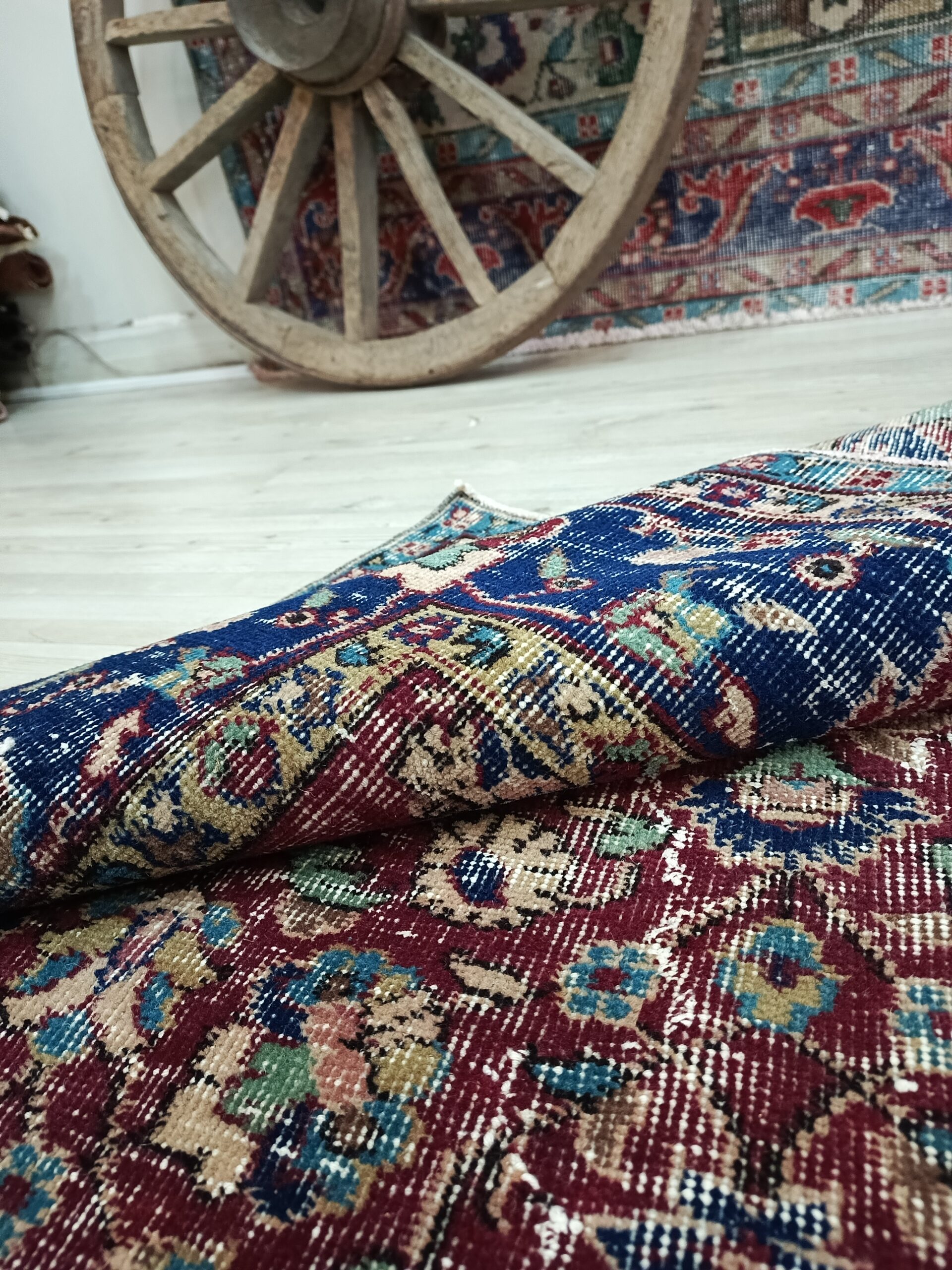 Hand-Woven Distressed Wool Rug — detail view 3, handmade vintage rug