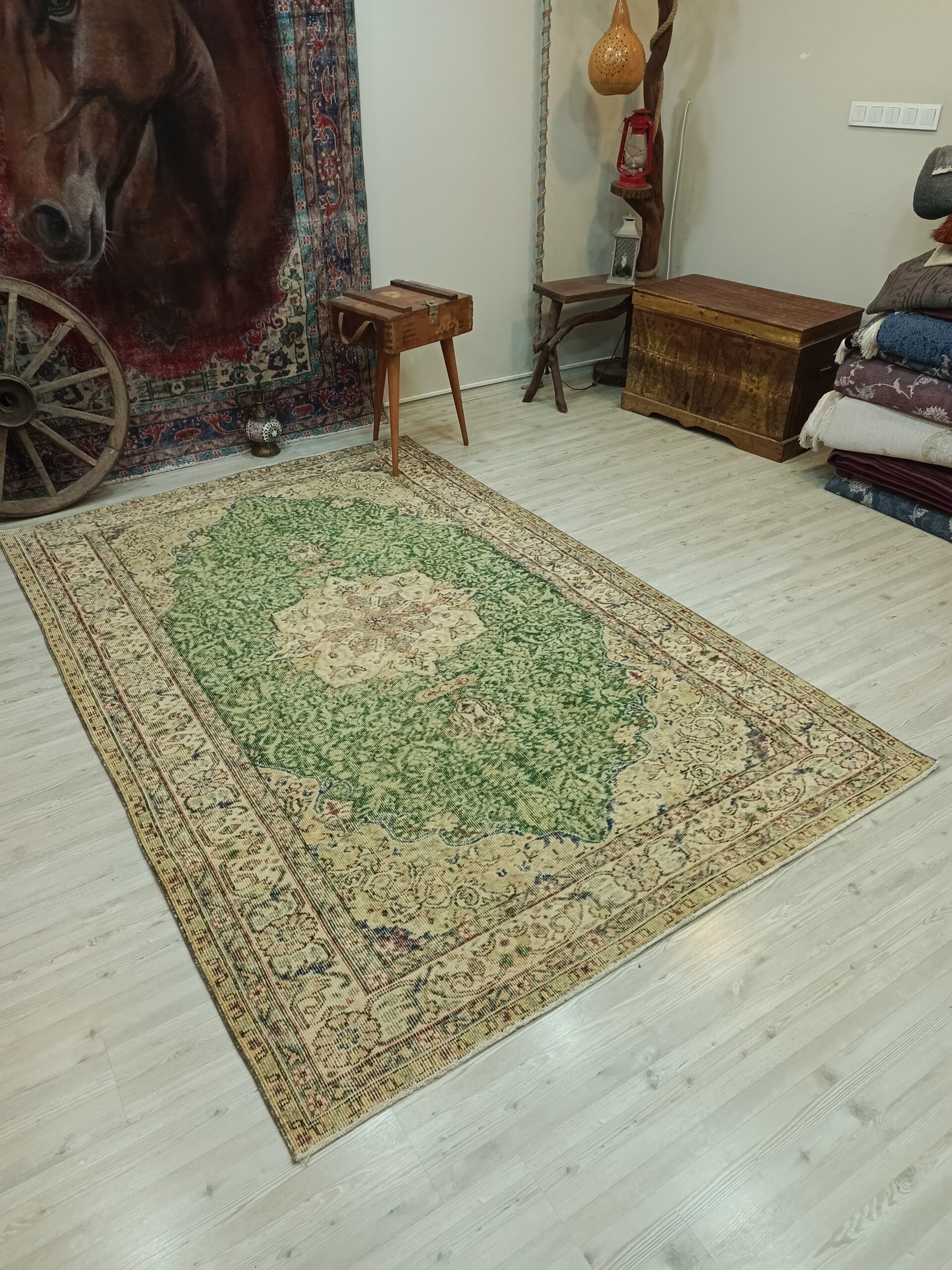 Distressed Natural Wool Handwoven Rug, vintage rug, Vintage, hand-knotted wool & cotton, size 173 × 270 cm, from Ladik