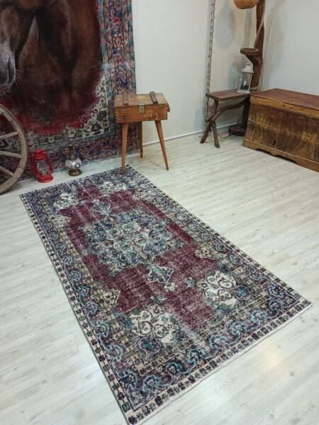 Distressed Vintage Hand-Woven Rug, Handmade rug, wool, cotton & silk wool/weave, size 105 × 210 cm, from Cappadocia, SKU 10832