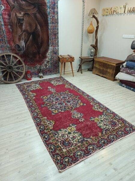 Vintage Distressed Wool Rug, vintage rug, Handmade, hand-knotted silk, size 141 × 285 cm, from Gördes