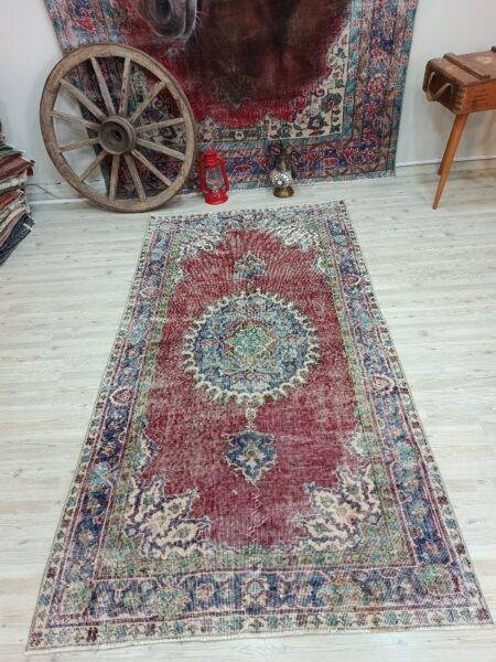 100% Handwoven Vintage Rug, vintage rug, Vintage, hand-knotted wool, cotton & silk, size 115 × 214 cm, from Demirci